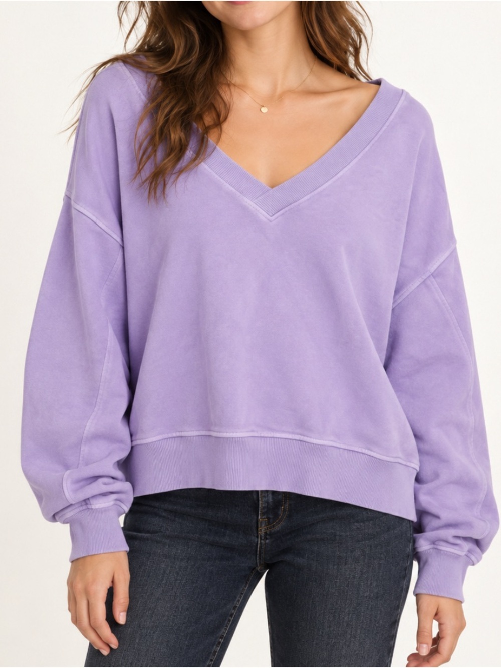 Aerie Oversized V Neck Sweatshirt Womens Small Lavender Purple Cropped Pullover